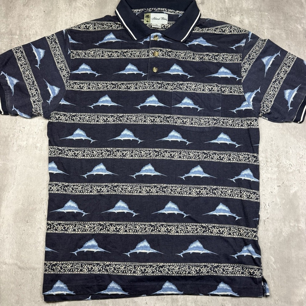 Vintage Island Blue Swordfish Sailfish AOP Polo Shirt Mens M Blue Y2K Striped
